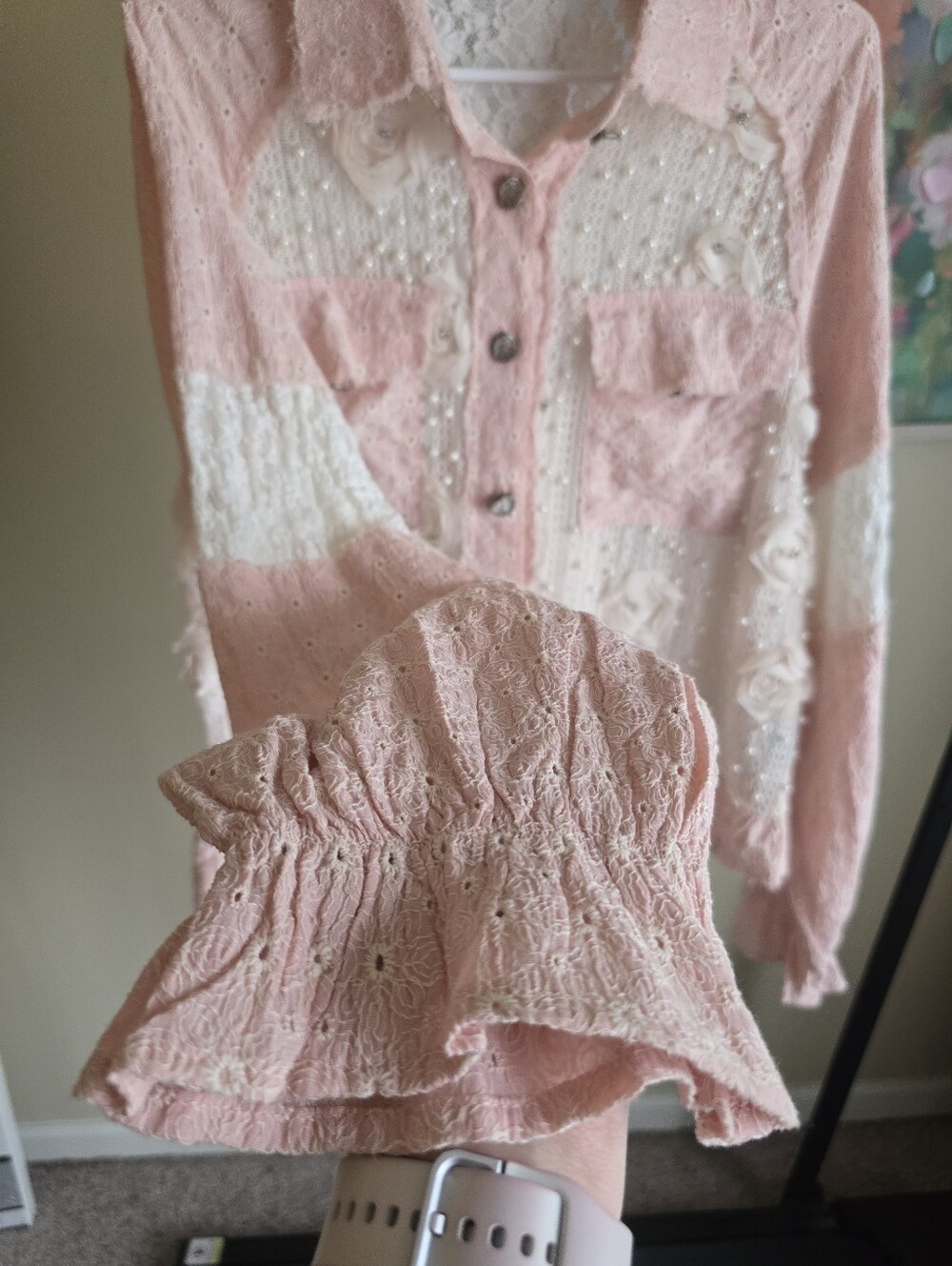 POL Soft Boho Blush Crochet Lace Shacket Shirt Jacket Size Small Oversized NWOT - Picture 10 of 13